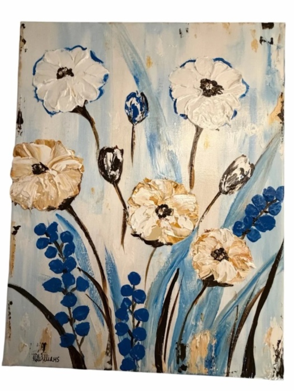NWT Acrylic Textured Floral Canvas Painting in White, Blue & Cream 14 x 18"